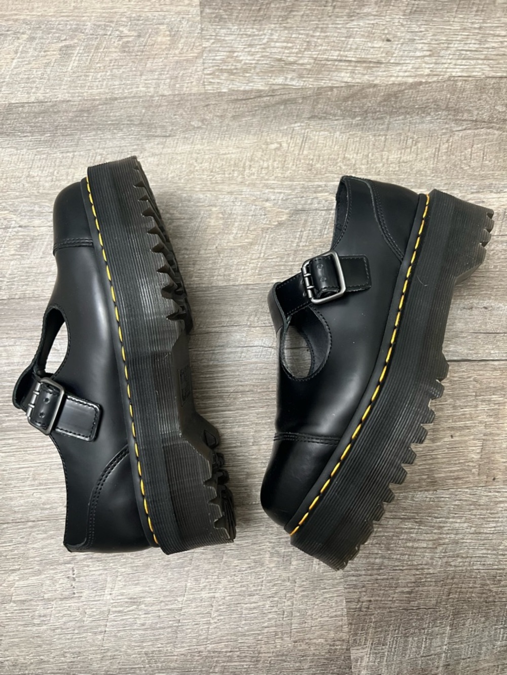 Dr. Martens Black Mary Jane Shoes with Yellow Stitching